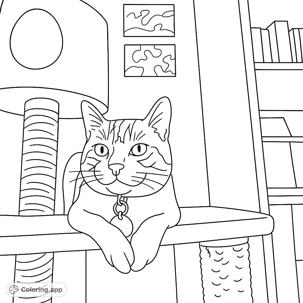 A charming cat rests on its cozy cat tree, ready for your creative touch. This simple, hand-drawn sketch is perfect for a relaxing coloring experience.