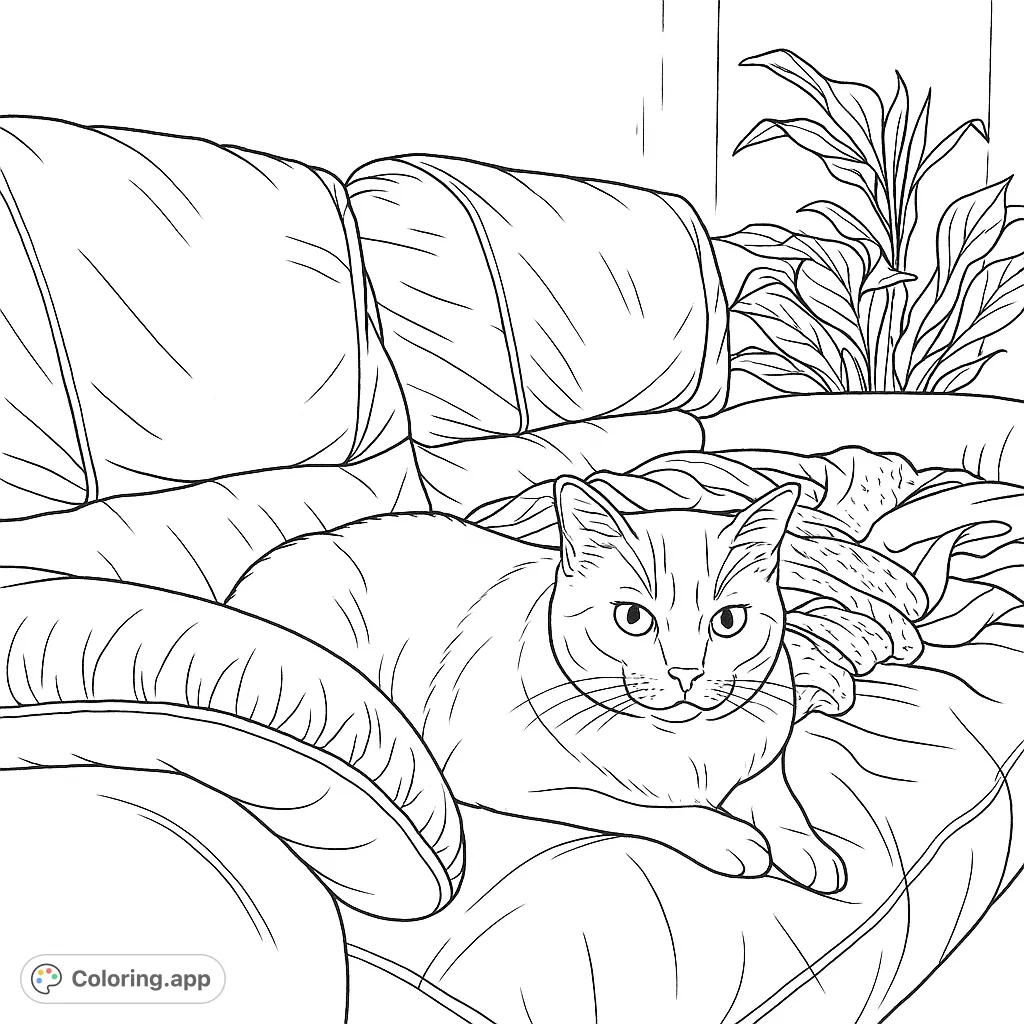 A charming cat relaxes on a plush sofa, inviting you to add your creative touch. Perfect for animal lovers and a cozy coloring experience.
