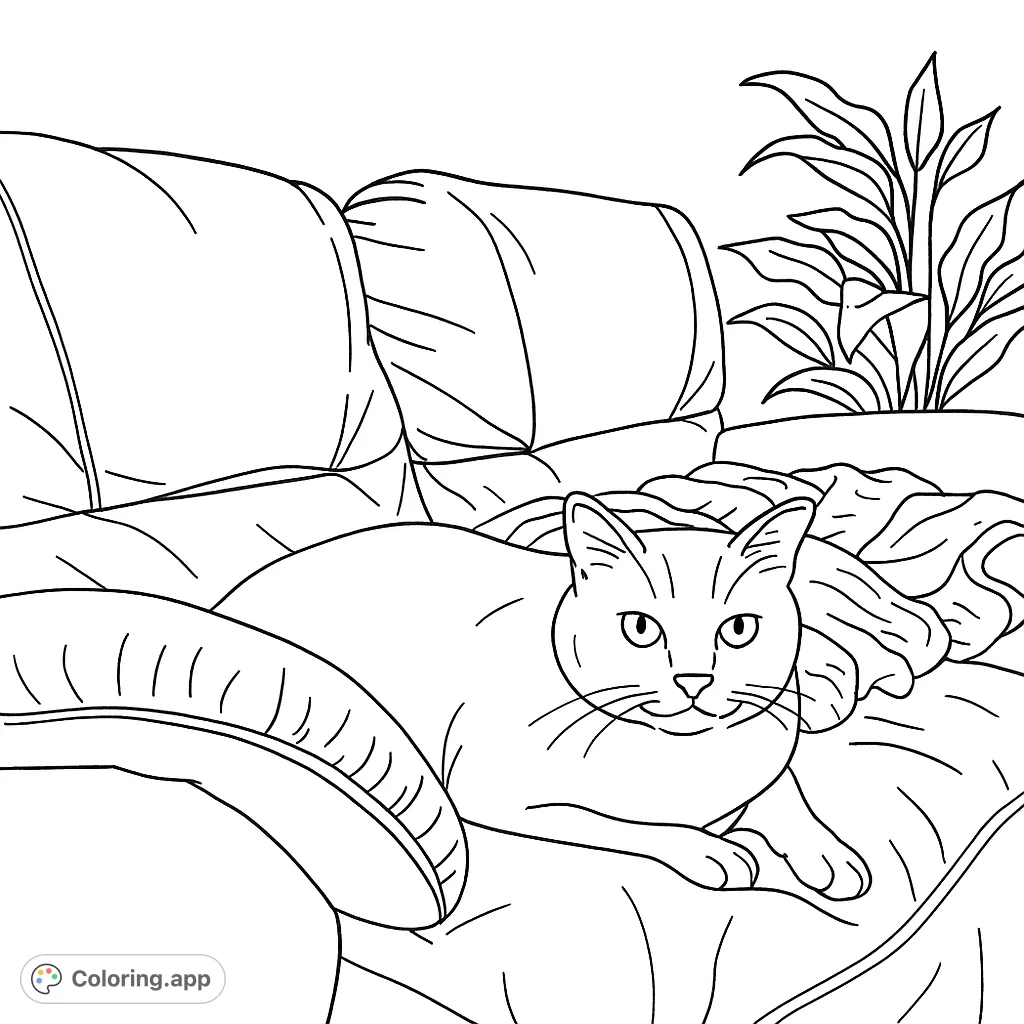 A charming cat rests peacefully on a plush sofa, inviting you to add your creative touch to this cozy scene. Perfect for cat lovers!