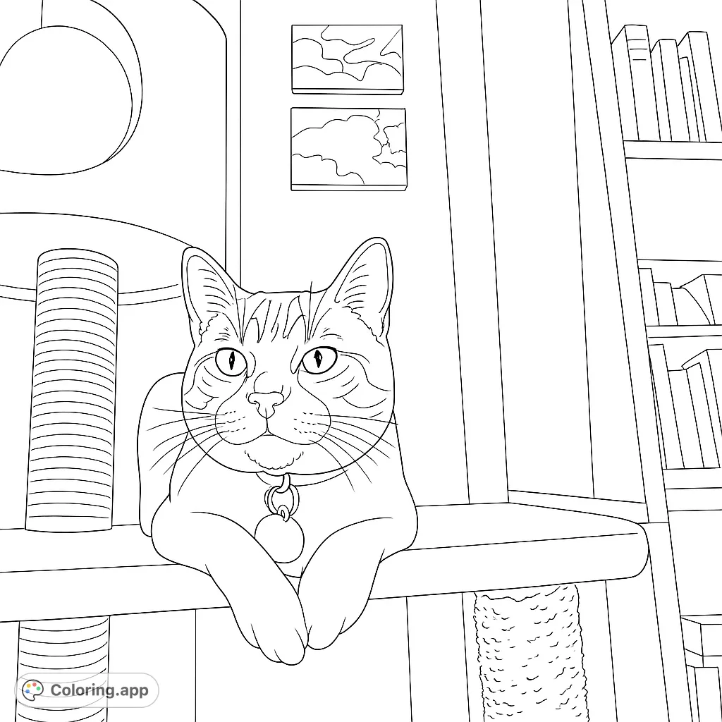 A charming cat rests on its cat tree, offering a delightful scene for coloring. Perfect for pet lovers to bring to life with their favorite hues.