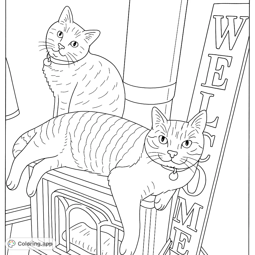 Two charming cats relaxing by a warm stove, perfect for a cozy coloring session. A delightful free printable cat coloring page for all ages.