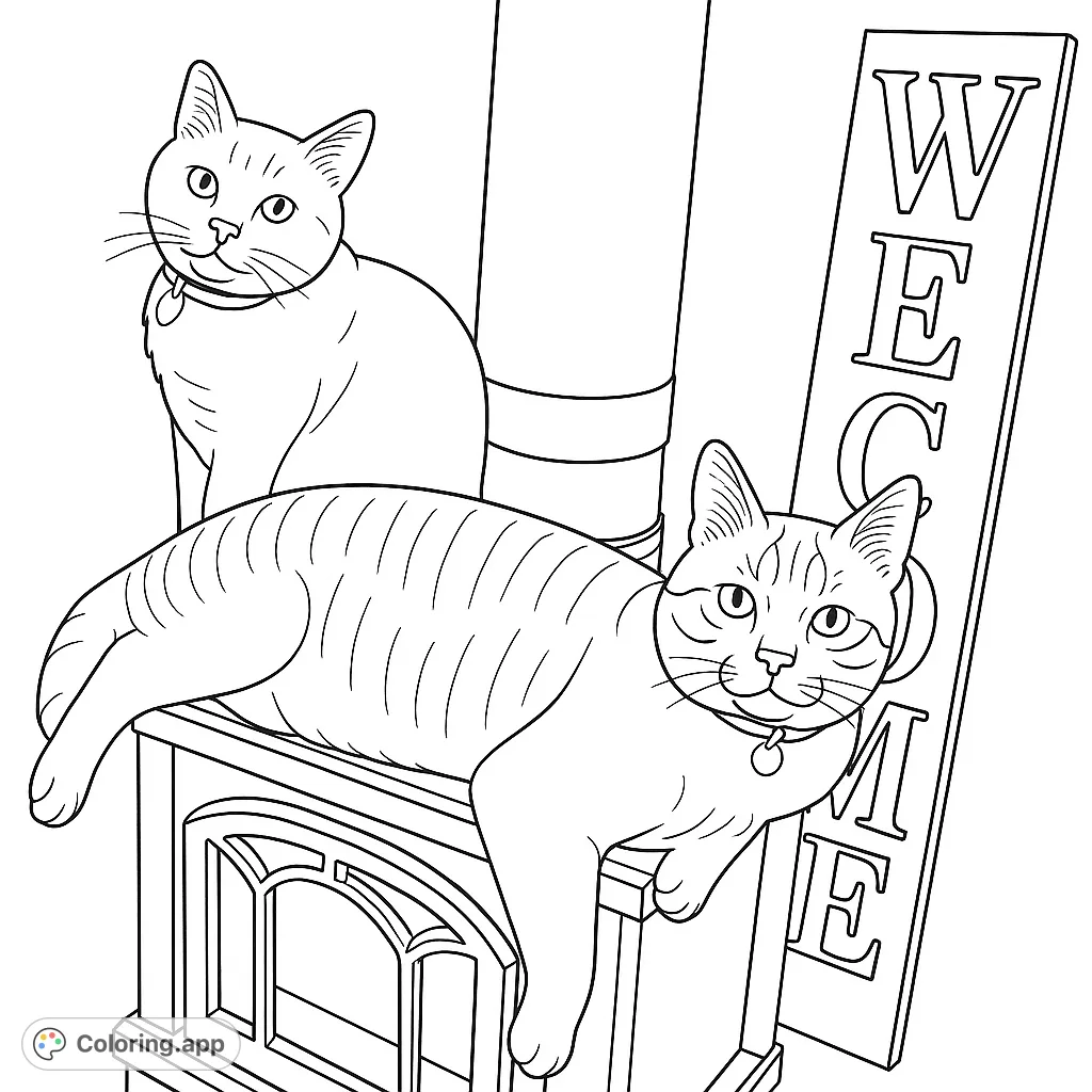 Two charming cats relaxing by a warm stove, perfect for a cozy coloring session. A delightful free printable cat coloring page for all ages.