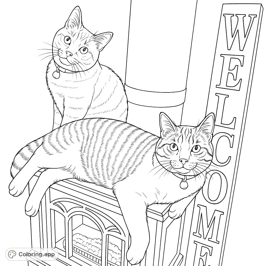 A charming coloring page featuring two domestic cats relaxing on a classic cast-iron stove, perfect for pet lovers and cozy home scenes.