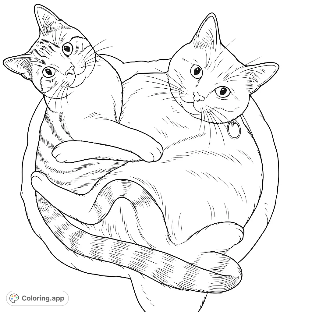 A heartwarming free printable cat coloring page featuring two adorable felines snuggled together in a cozy pet bed, perfect for animal lovers.