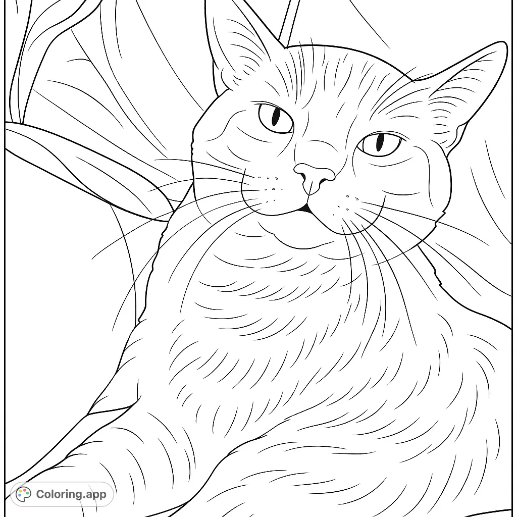 A charming close-up of a relaxed cat, perfect for animal lovers. Features detailed fur, expressive eyes, and a cozy background. A delightful cat coloring page.