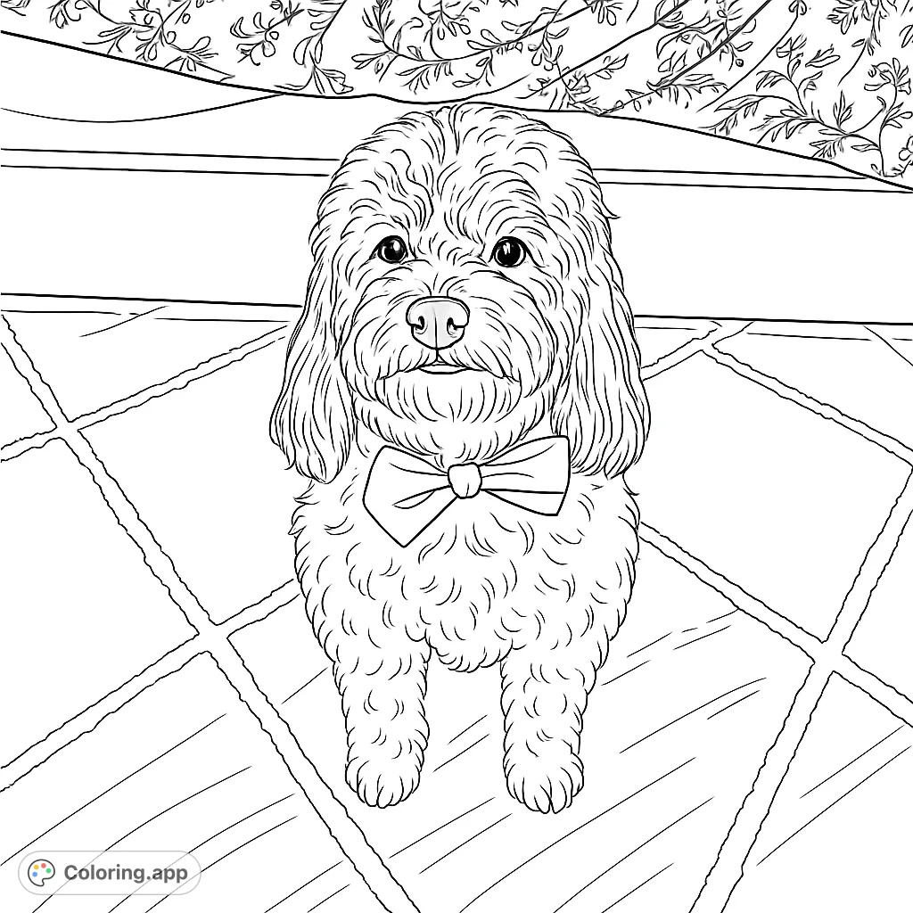 A charming fluffy dog wearing a bow tie, ready for a fun coloring adventure. Perfect for pet lovers to bring to life with their favorite hues.