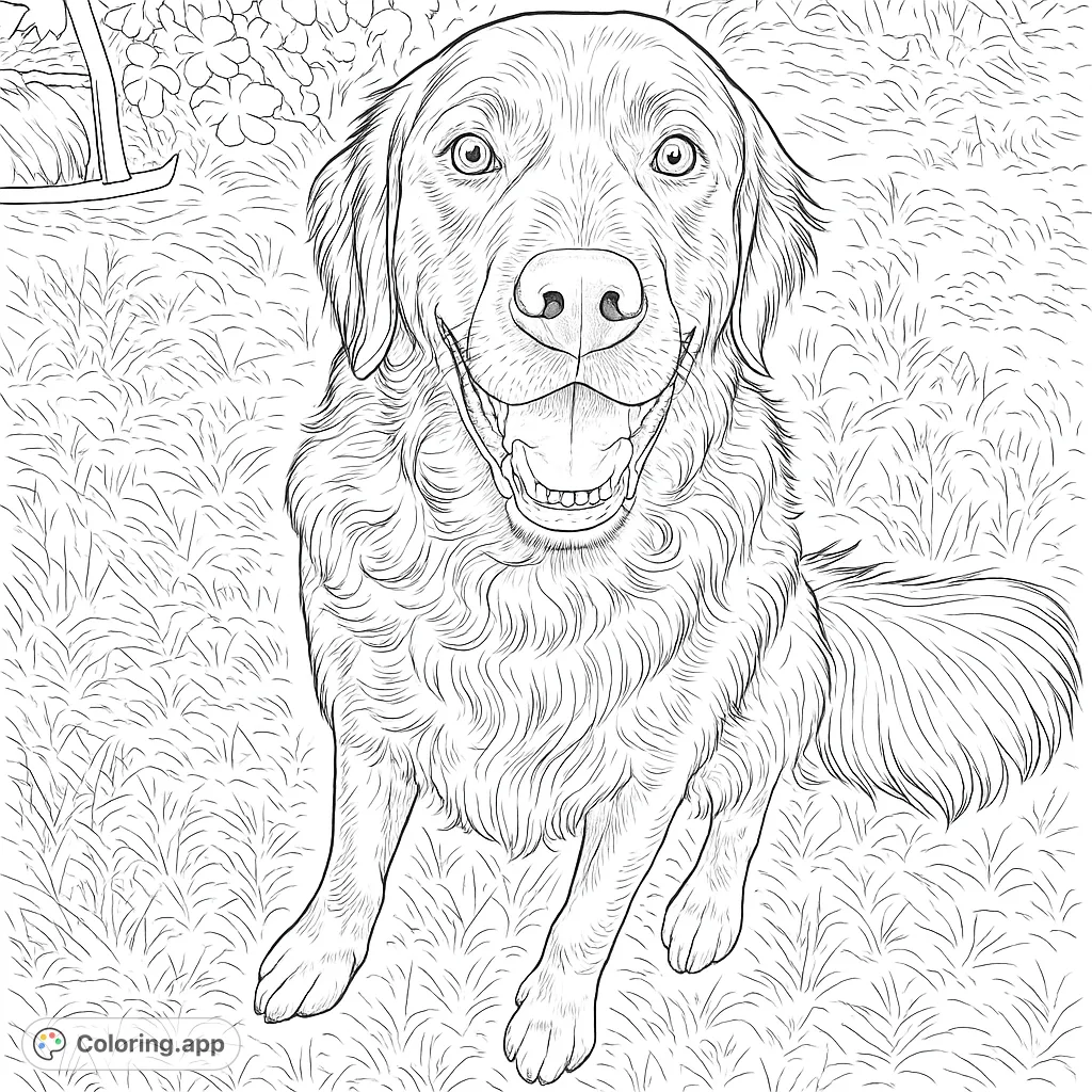 A delightful realistic dog coloring page, perfect for animal lovers. Capture the joyful expression and textured fur of this friendly canine in a garden setting.