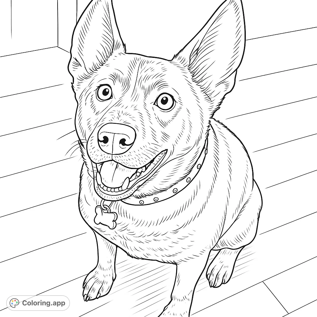A charming dog portrait coloring page featuring a happy canine with expressive eyes and distinctive markings, perfect for pet lovers.