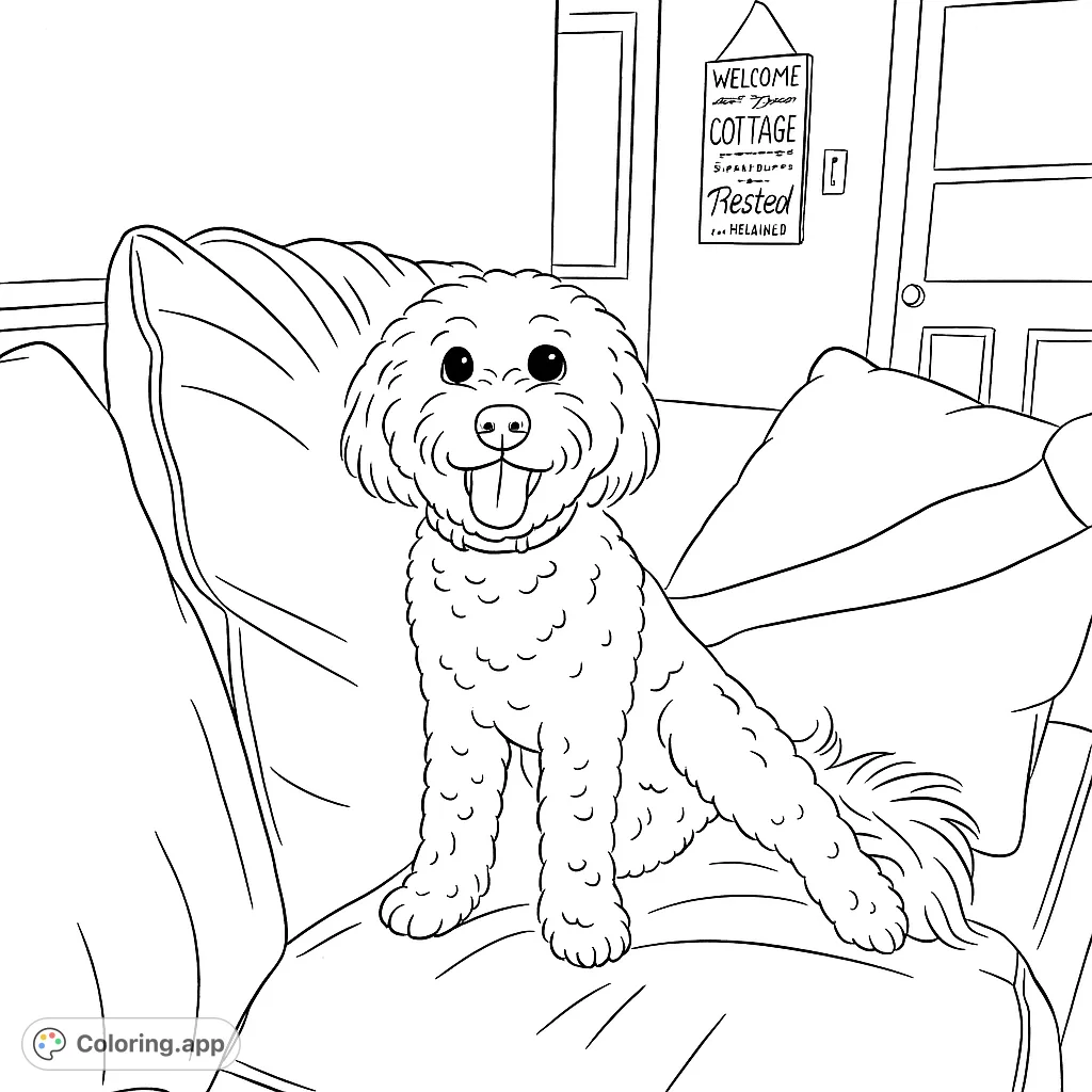 A charming fluffy dog sits happily on a cozy couch, ready for a fun coloring adventure. This free printable dog coloring page is perfect for all ages.