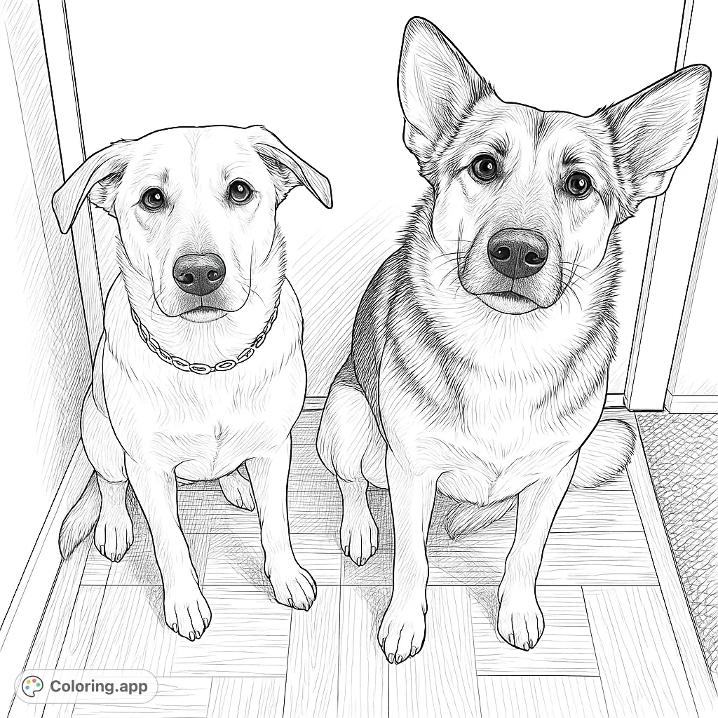 Capture the charm of two loyal canine companions in this realistic dog coloring page. Perfect for animal lovers of all ages and skill levels.