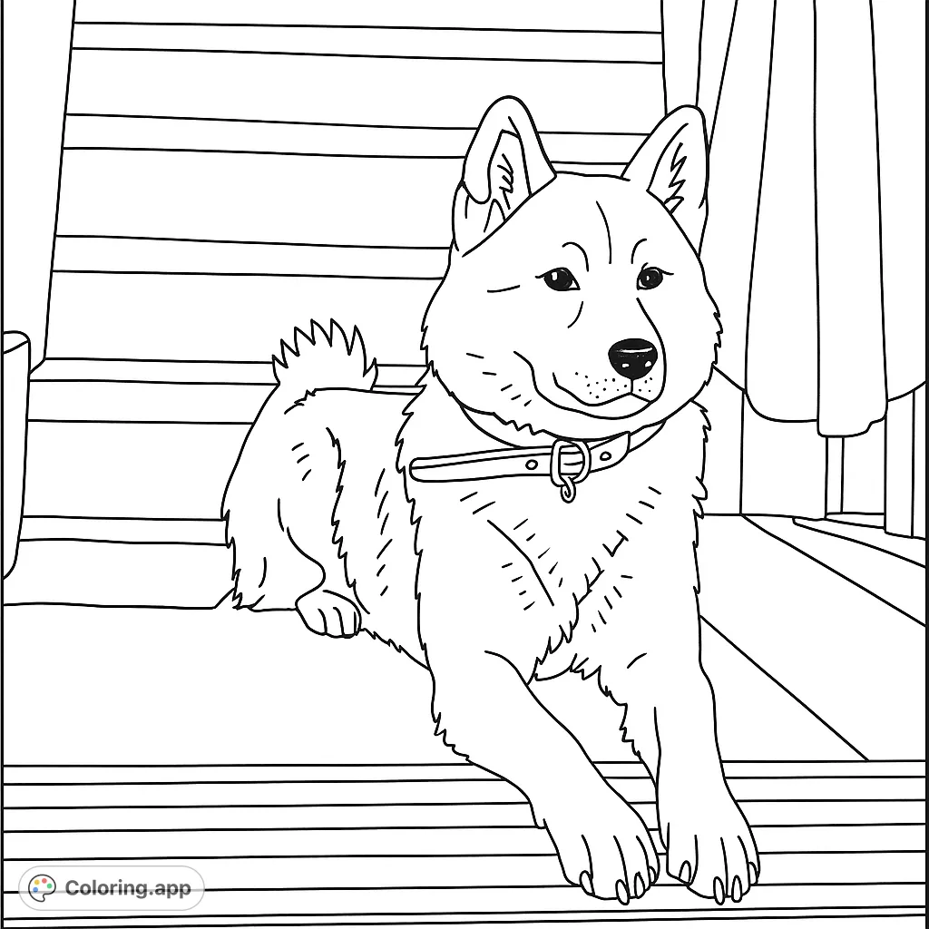 A charming dog rests on a wooden floor at the base of a staircase, perfect for a simple, hand-drawn sketch coloring page. Ideal for kids!