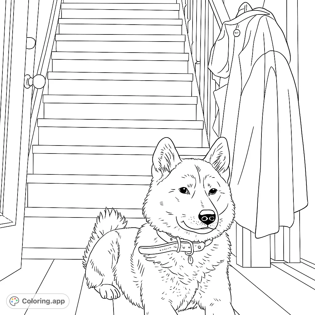 A charming dog rests at the bottom of a sunlit staircase, inviting you to add vibrant hues to its fur and the cozy home setting.