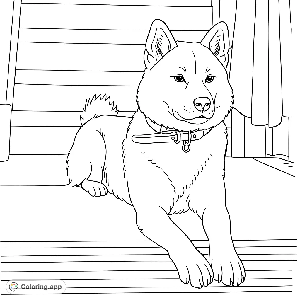 A charming dog rests at the base of a staircase, offering a simple yet engaging coloring experience. Perfect for all ages.