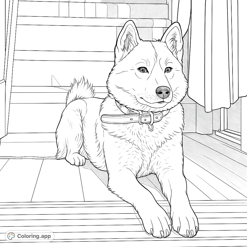 Capture the calm of a loyal canine resting on a staircase. A charming dog portrait perfect for pet lovers and a relaxing coloring experience.
