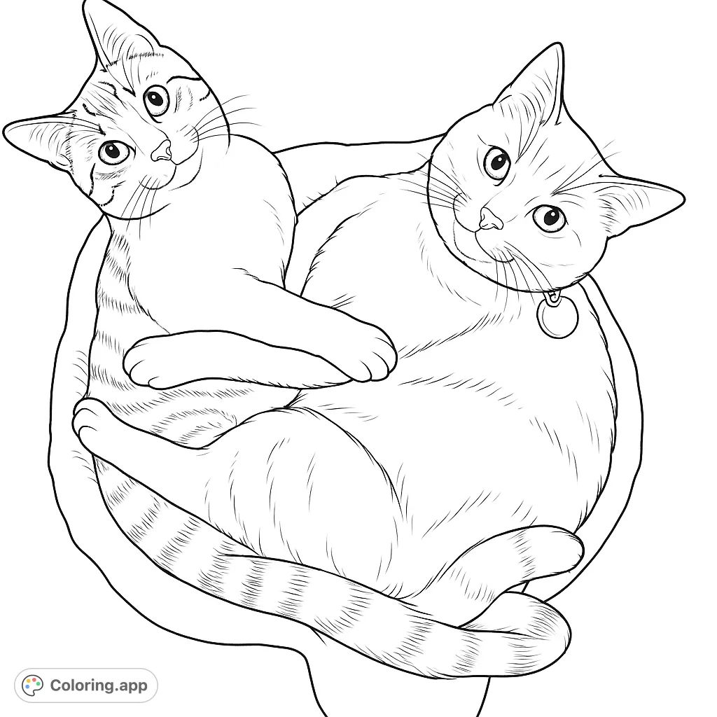Two adorable cats snuggled together in a cozy bed, offering a heartwarming scene for a relaxing coloring experience. Perfect for cat lovers.