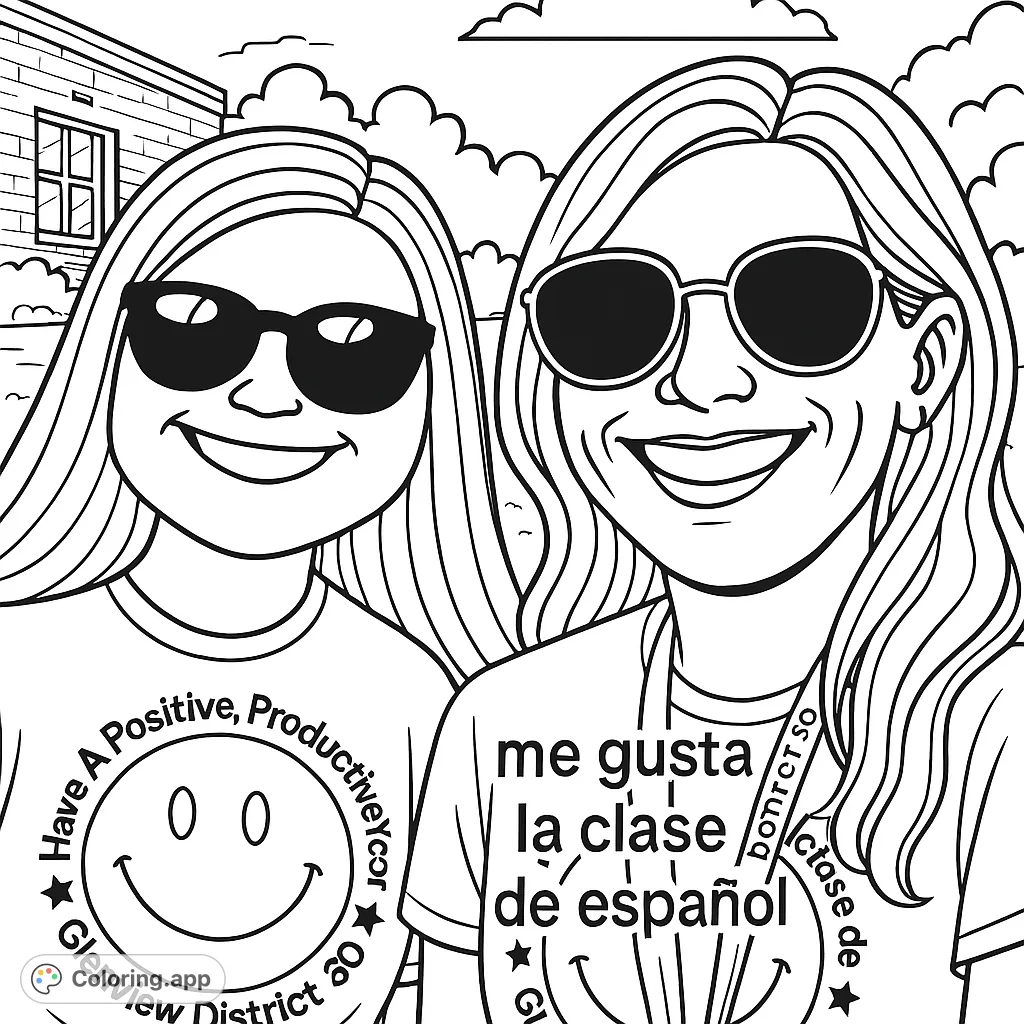 A cheerful coloring page featuring two smiling women in sunglasses, with a detailed background of a school building and trees. Perfect for a positive creative session.