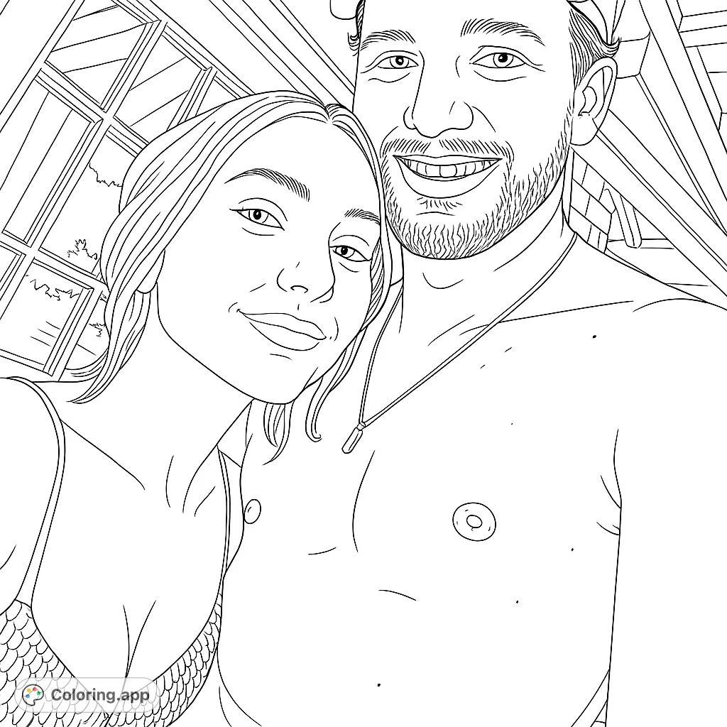 Capture the warmth of a happy couple in this charming portrait. Features a smiling duo with detailed expressions and a cozy outdoor setting.