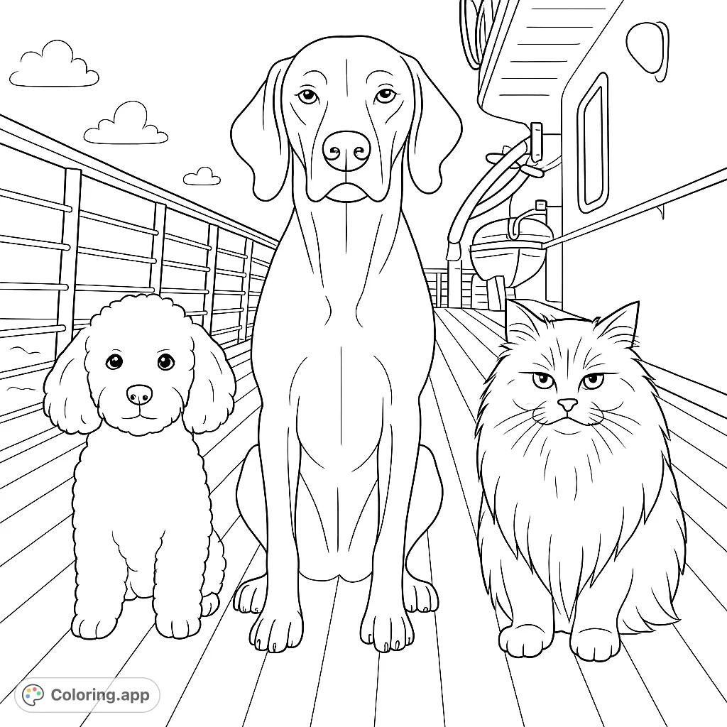 A delightful scene featuring a small dog, a large dog, and a fluffy cat sitting together on a ship's deck, ready for your creative touch.