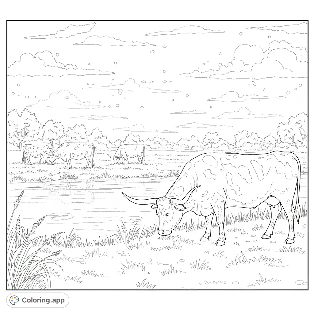 Discover a peaceful pastoral scene featuring majestic longhorn cattle grazing by a tranquil pond under a vast, cloud-filled sky. Perfect for nature lovers.