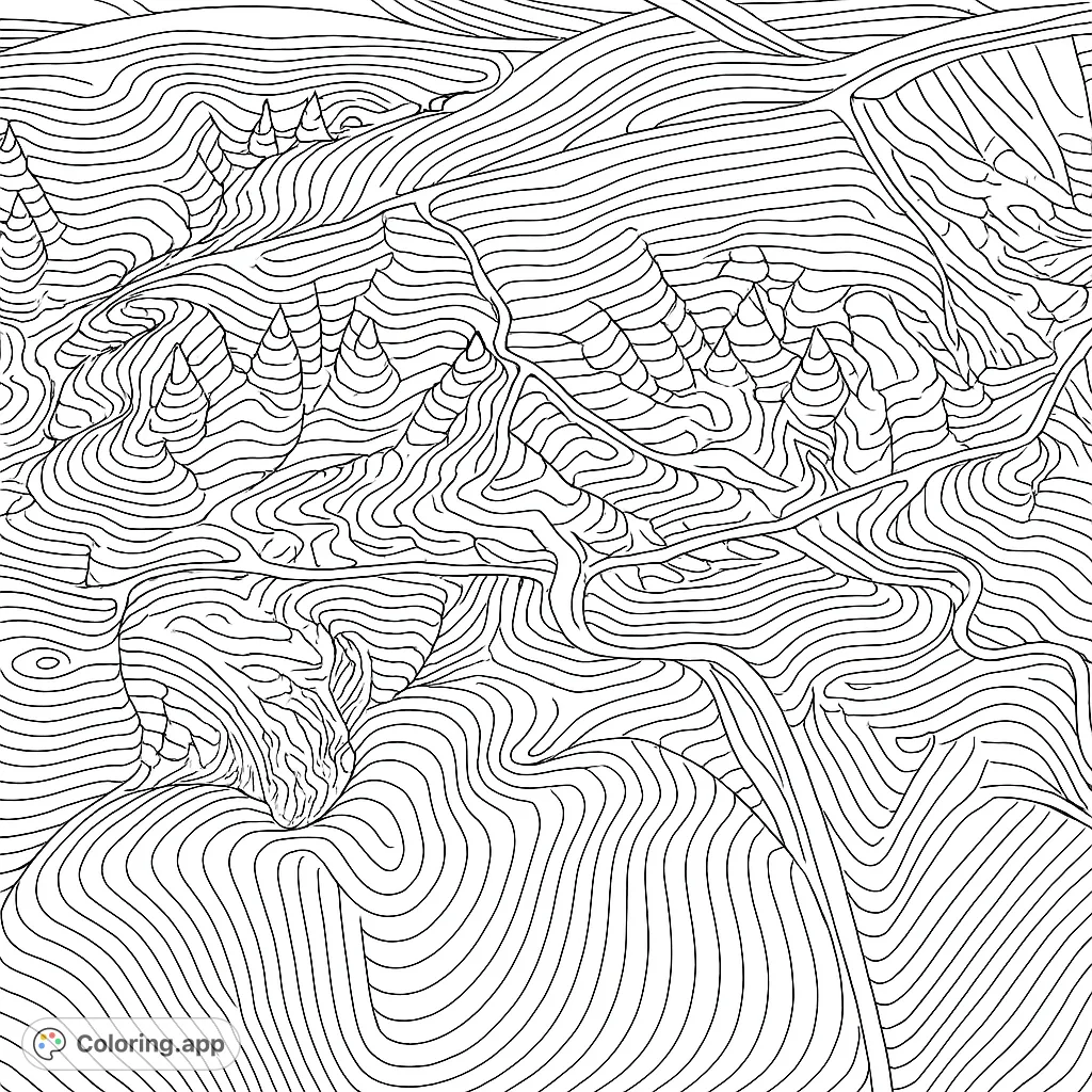 Explore an intricate aerial landscape with winding paths and detailed contoured patterns. A challenging and meditative nature coloring page.