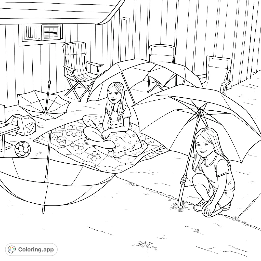 Two cheerful girls enjoy an outdoor moment surrounded by various umbrellas and chairs, ready for a creative coloring adventure.