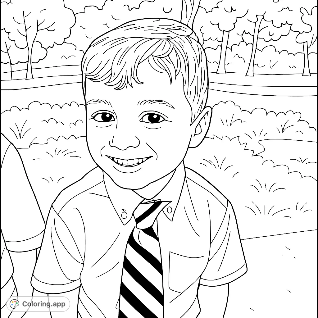 A cheerful young boy in a school uniform, ready for a fun day of coloring. Perfect for kids to personalize and bring to life.