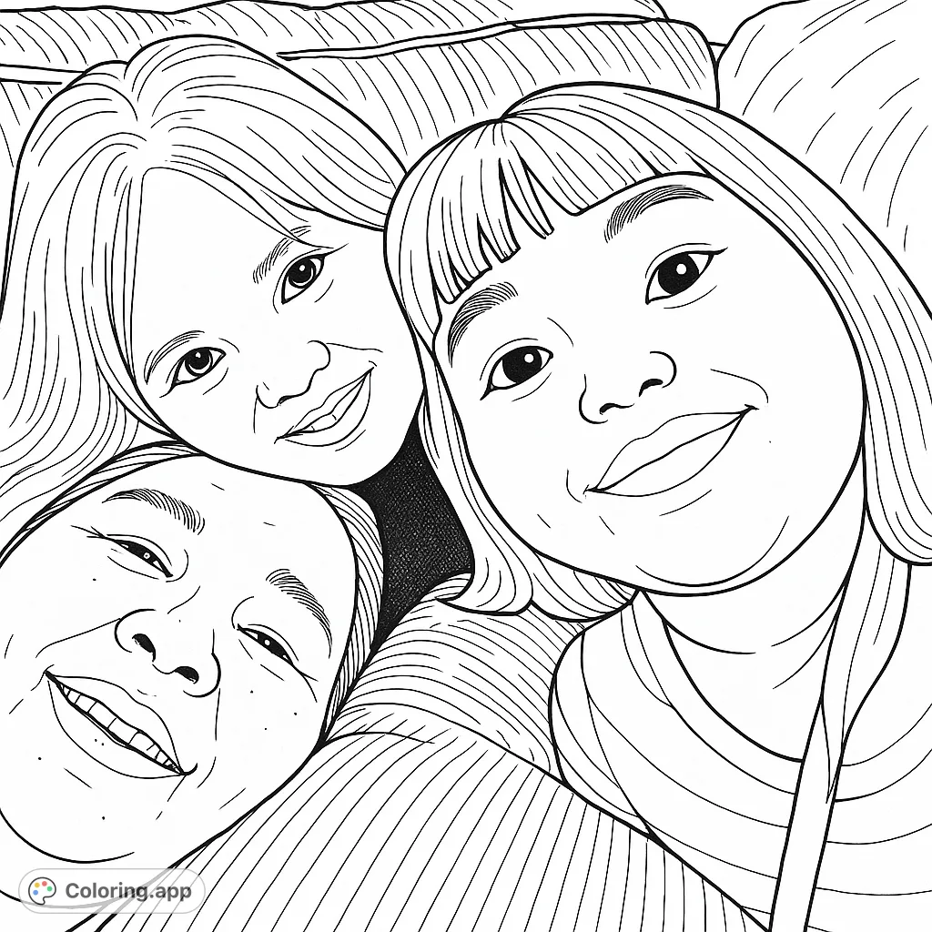A heartwarming family portrait featuring three smiling faces nestled together on a textured couch. Perfect for a family bonding coloring page.