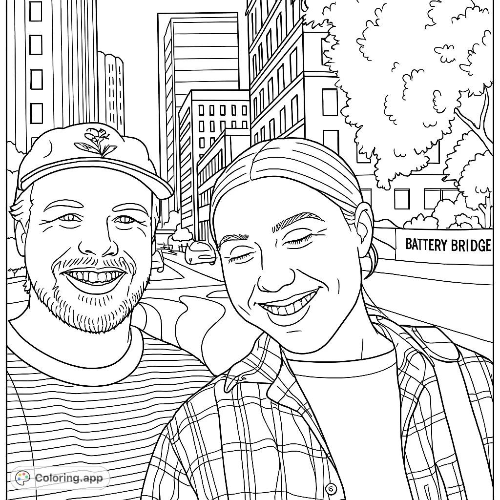 Capture the joy of an urban adventure with this smiling couple in a bustling city street. Features detailed buildings, street patterns, and happy faces.