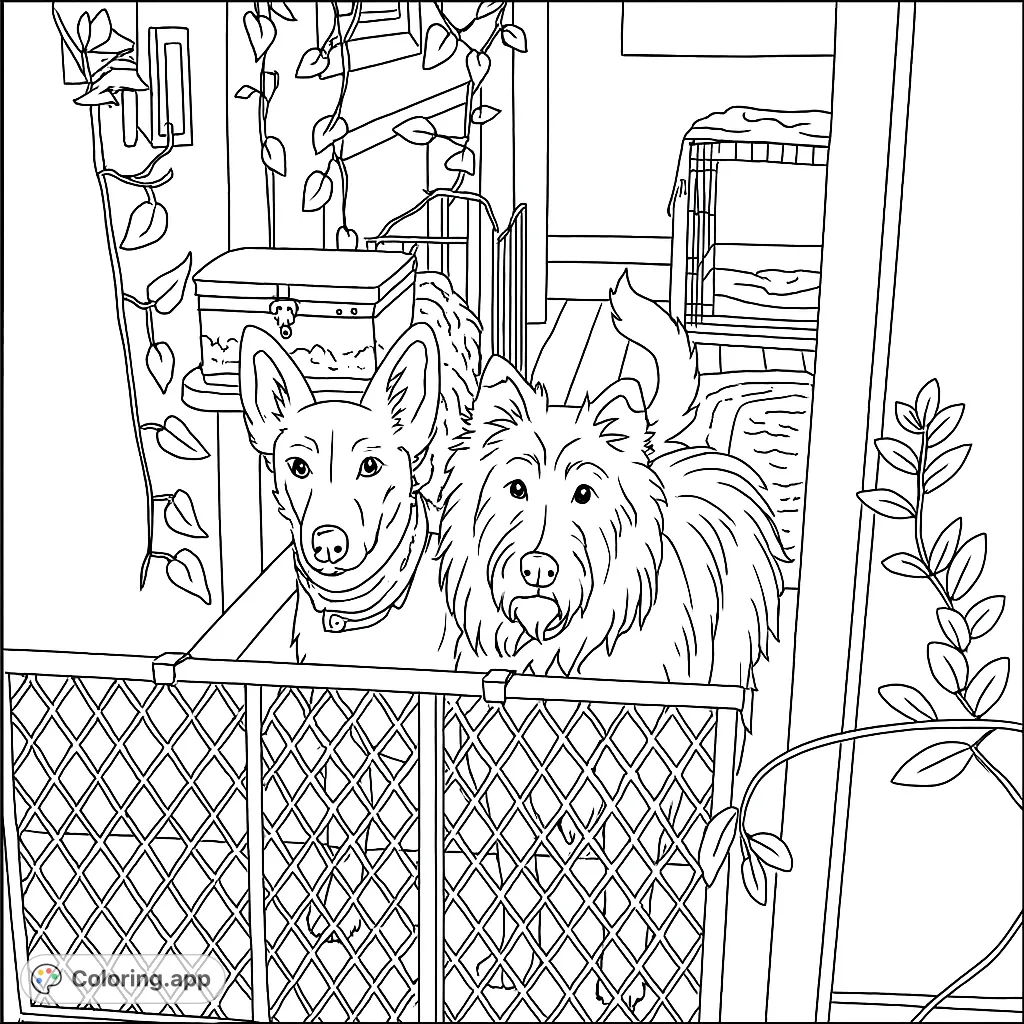 Discover two adorable dogs patiently waiting behind a gate in a cozy home setting. A delightful dog coloring page for pet lovers of all ages.