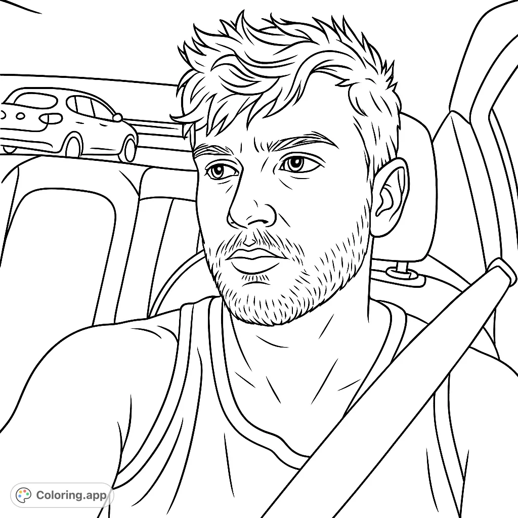 Capture a moment of a man on a casual drive. This detailed portrait offers a realistic scene for a relaxing coloring experience.