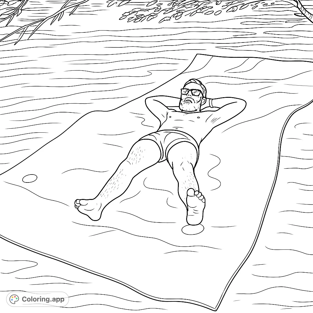 A man relaxing on a large floating mat in calm water, perfect for a peaceful escape and a serene coloring experience.