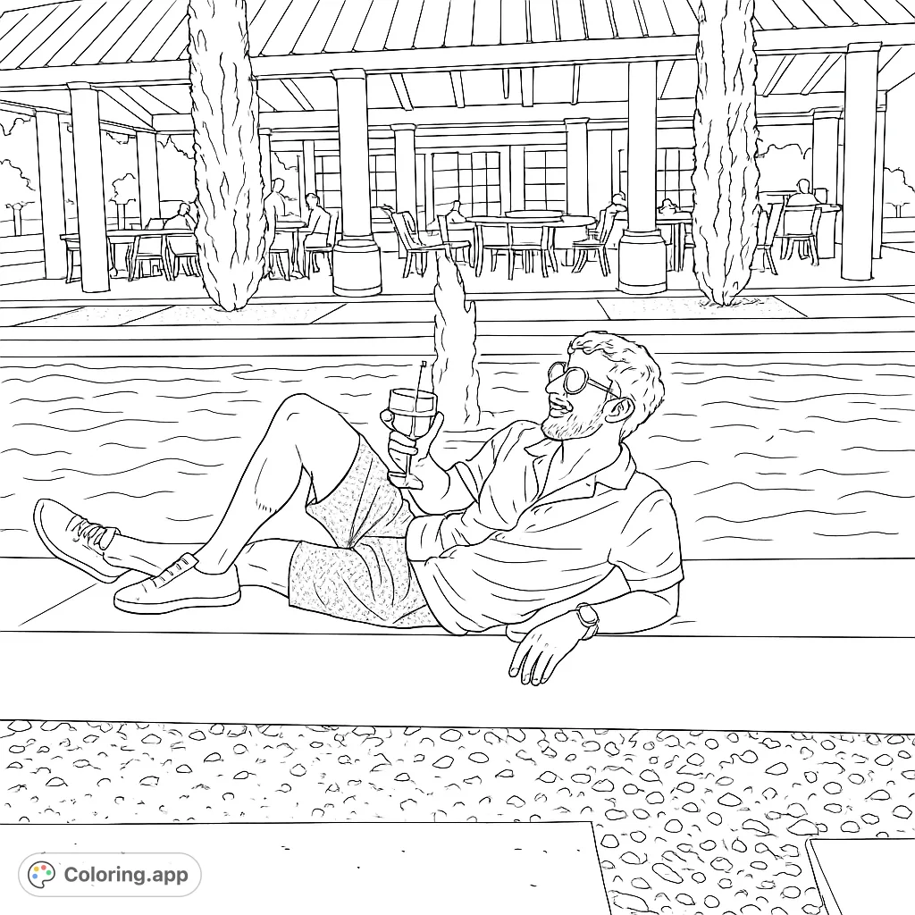 Enjoy a relaxing poolside scene featuring a person lounging by a fountain. Perfect for unwinding and adding your creative touch to a serene setting.