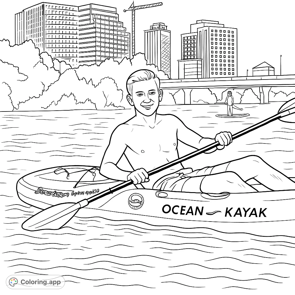 Paddle through an urban oasis! This detailed kayaking scene features a smiling adventurer on the water with a city skyline backdrop. Perfect for all ages.