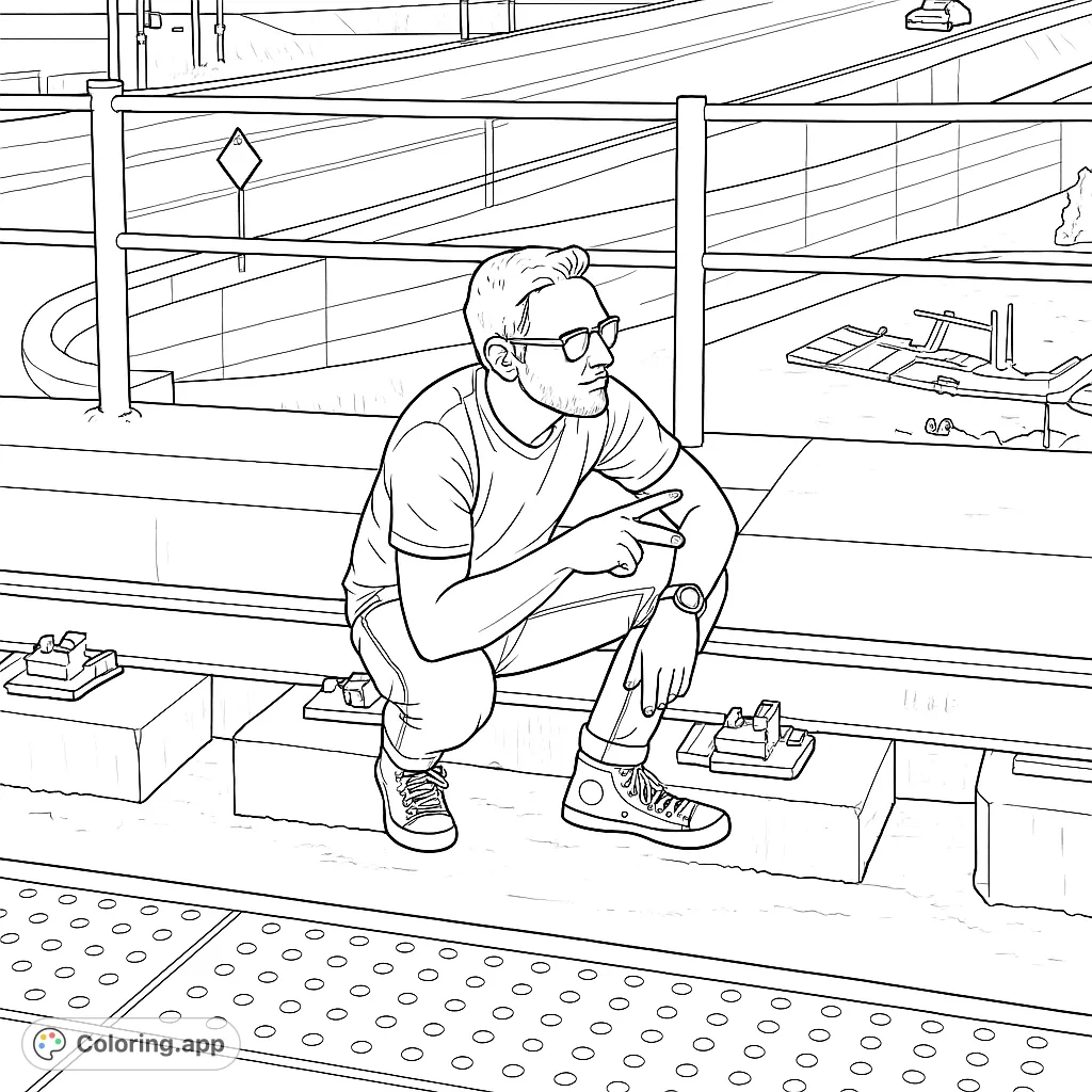 Explore an urban scene featuring a man crouching on a rail platform overlooking a busy city road. A detailed cityscape coloring page for all ages.