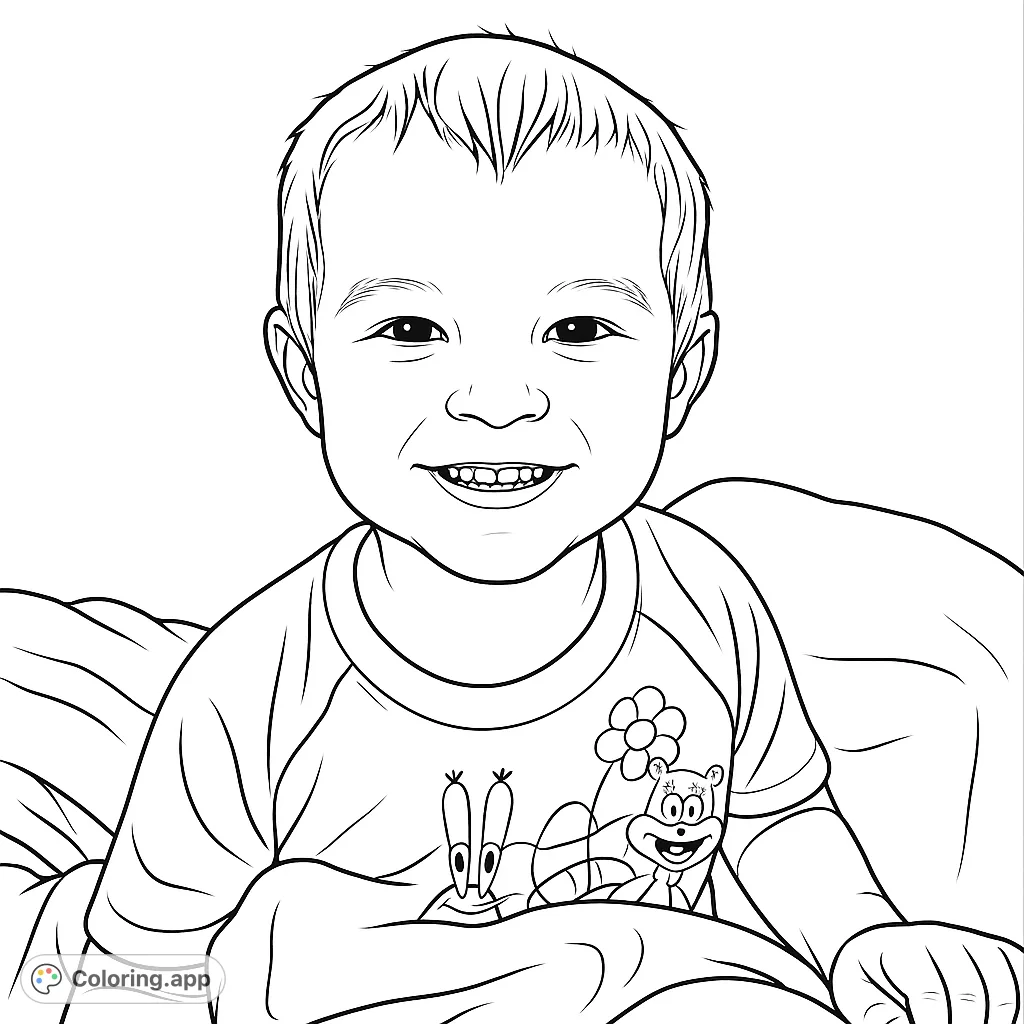 Capture the joy of a smiling child in a fun cartoon shirt. This delightful coloring page features a happy face and playful details, perfect for creative expression.