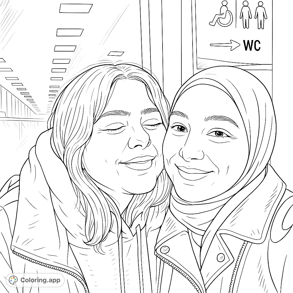 Capture the warmth of friendship with this portrait of two embracing women. Features detailed expressions, casual attire, and a subtle urban background.
