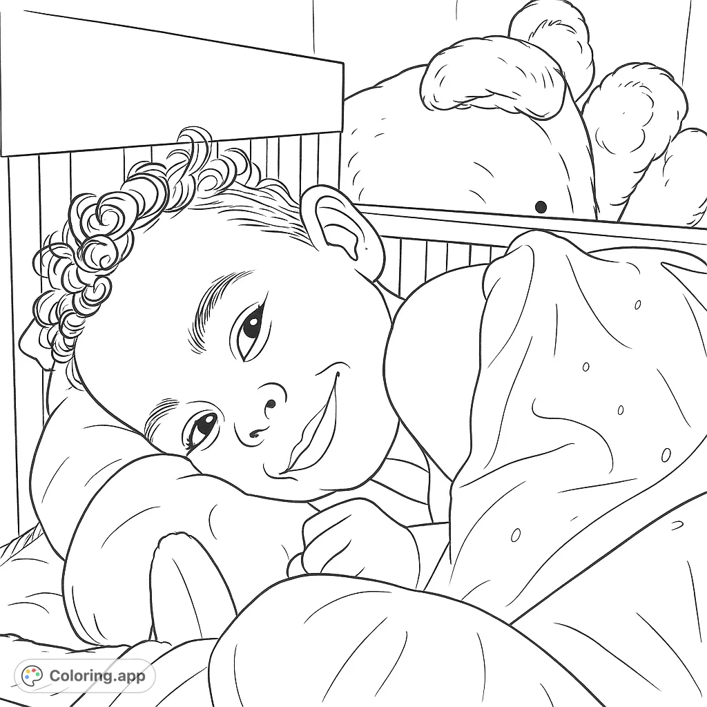 A heartwarming cozy child in a crib, resting with a gentle smile, surrounded by soft blankets and plush stuffed animals. Perfect for quiet moments.