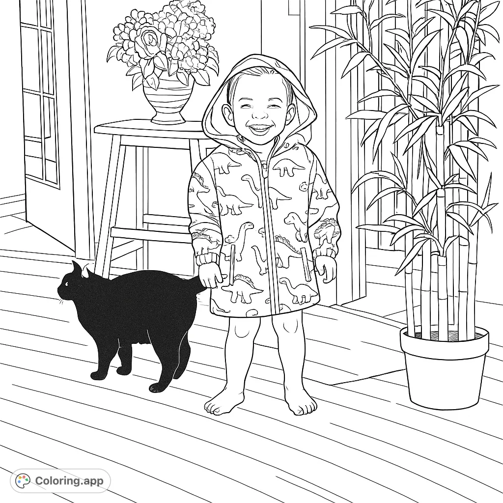 A delightful coloring page featuring a smiling child in a dinosaur-patterned raincoat with a cat nearby. Perfect for young artists to explore creativity.