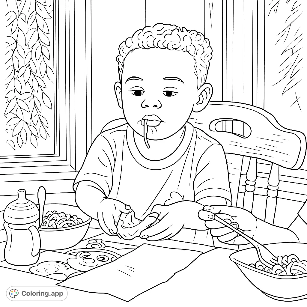 Capture a fun, messy mealtime with a child enjoying spaghetti. This delightful coloring page features a playful moment, perfect for young artists.