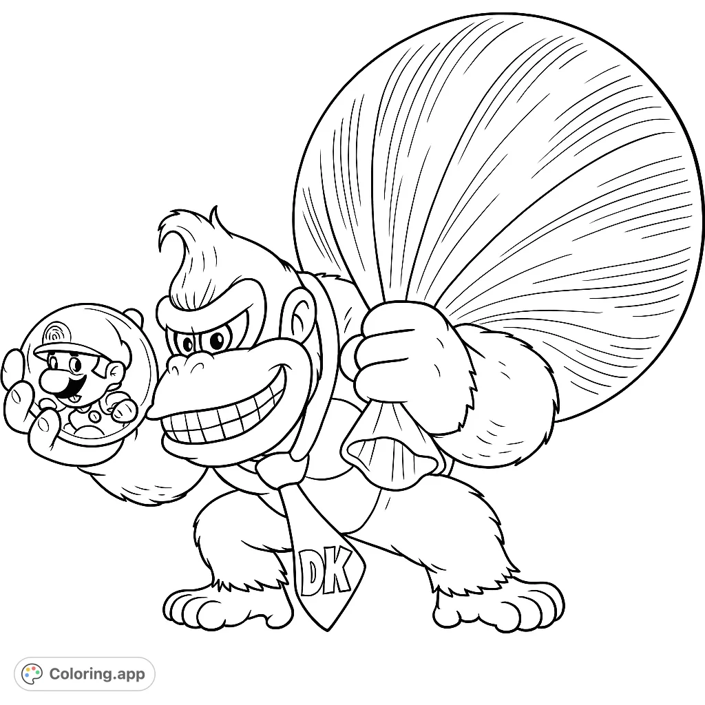 A fun Donkey Kong coloring page featuring the iconic ape with a wide grin, carrying a large sack and holding a small figure in a sphere.