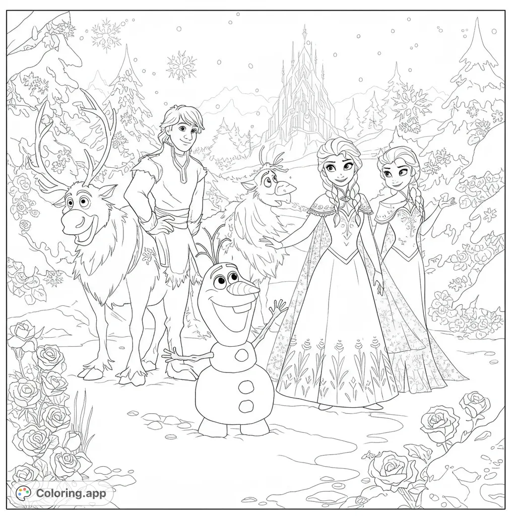 Beloved characters from Arendelle gather in a whimsical winter landscape, ready for a colorful adventure. A delightful Frozen coloring page.