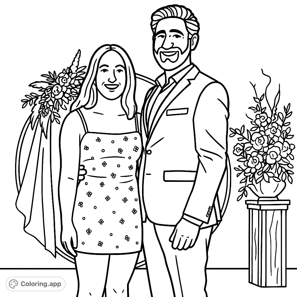 Celebrate love with this charming couple coloring page, featuring a smiling pair against a festive floral arch and elegant arrangements. Perfect for special moments.