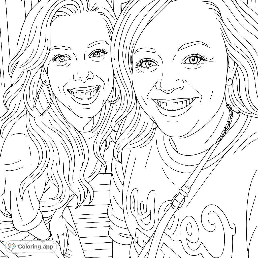 Capture the joy of friendship with this detailed portrait of two smiling women, perfect for personalizing.