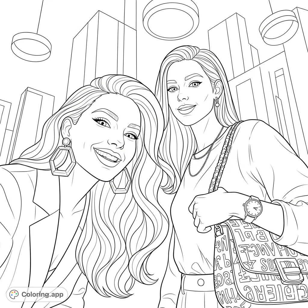 Capture the vibrant energy of two smiling women in a modern urban setting, complete with stylish accessories and architectural details. A dynamic and engaging scene.