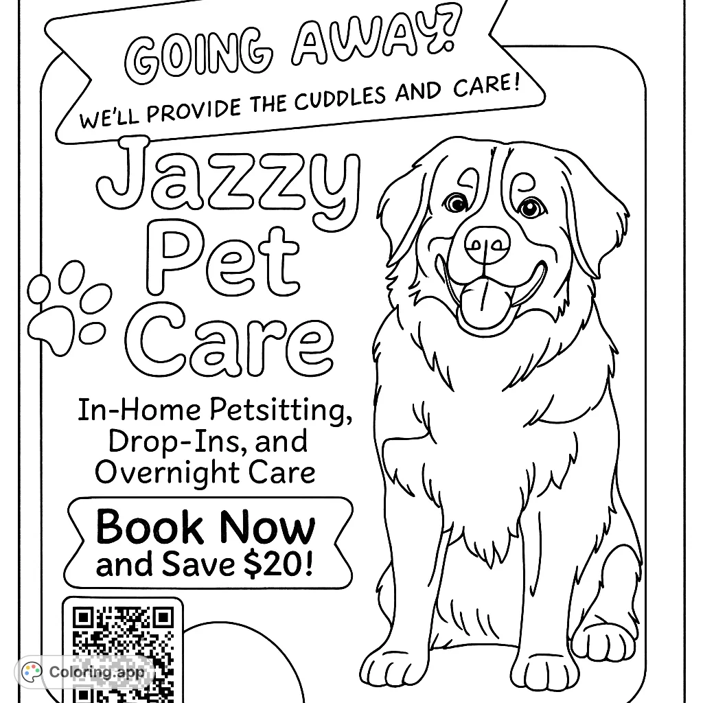 A delightful coloring page featuring a friendly Bernese Mountain Dog, perfect for pet lovers of all ages. Enjoy bringing this happy canine to life!