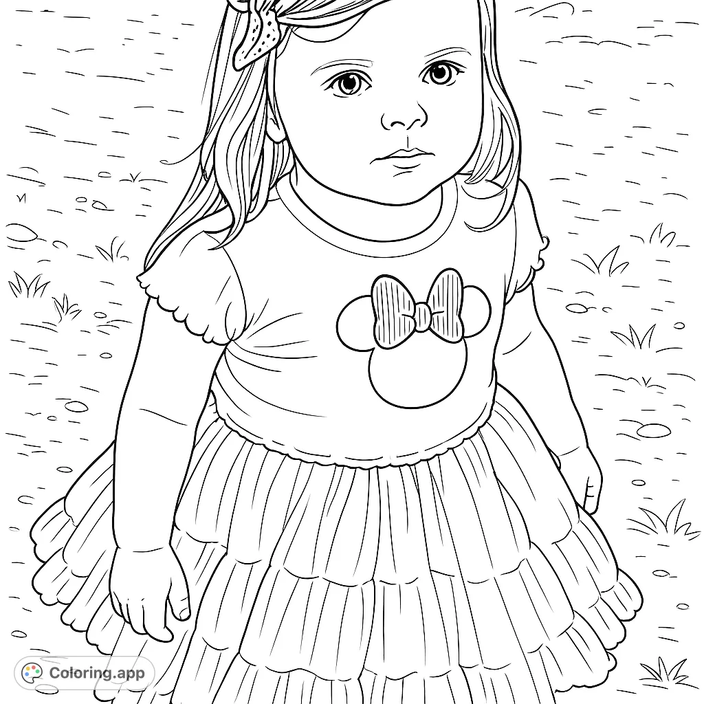A charming child in a tiered dress with a character emblem and a bow, perfect for young artists to color and personalize.