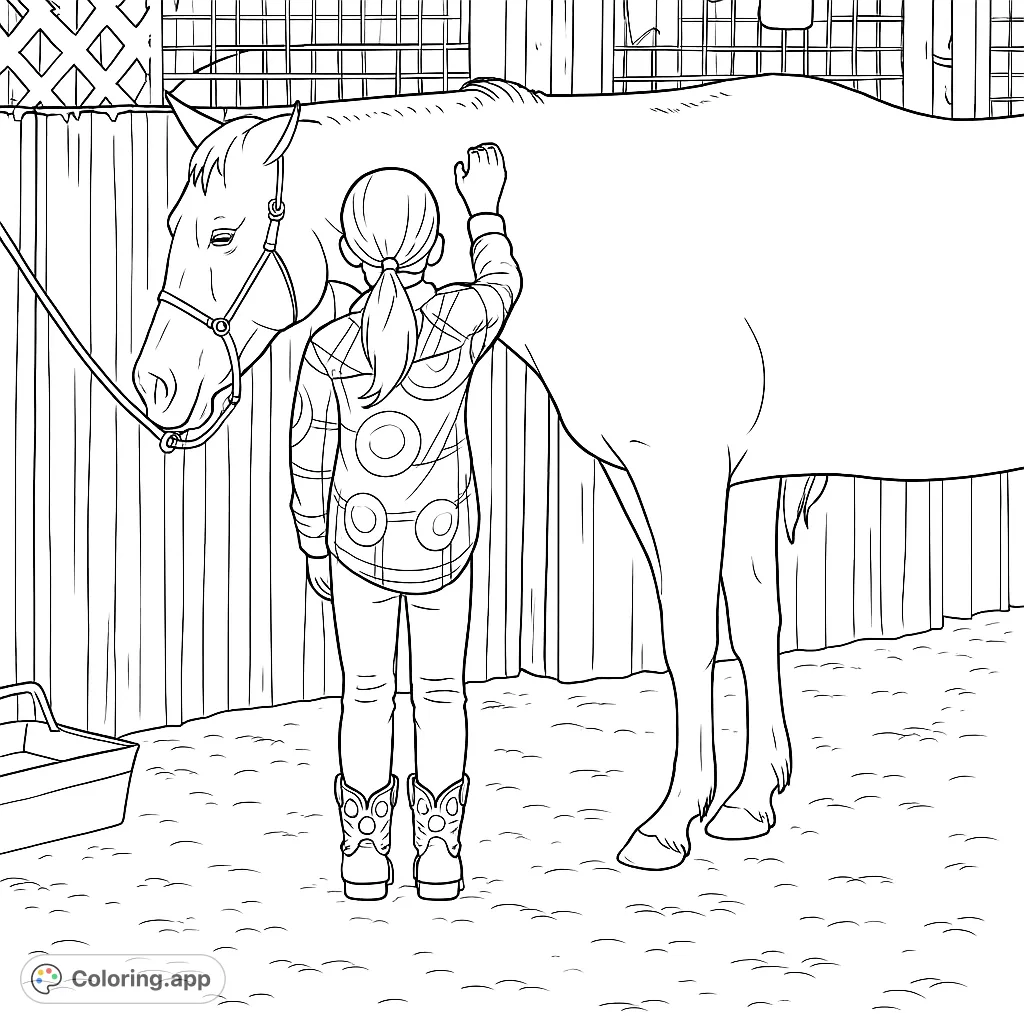A heartwarming scene of a child gently interacting with a horse in a stable. Perfect for animal lovers to color and bring to life.