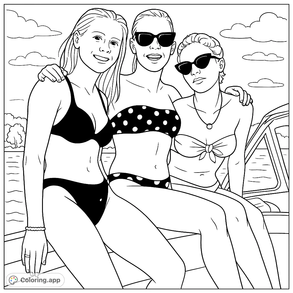 Capture the joy of a summer boat day with three friends. This detailed coloring page features figures in swimsuits, a boat, and a scenic waterside background.