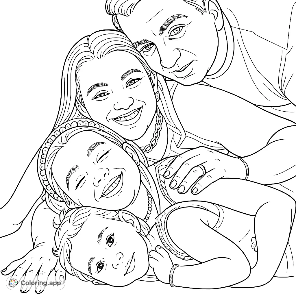 A heartwarming family portrait featuring a father, mother, and two daughters in a close embrace, perfect for a family coloring page.