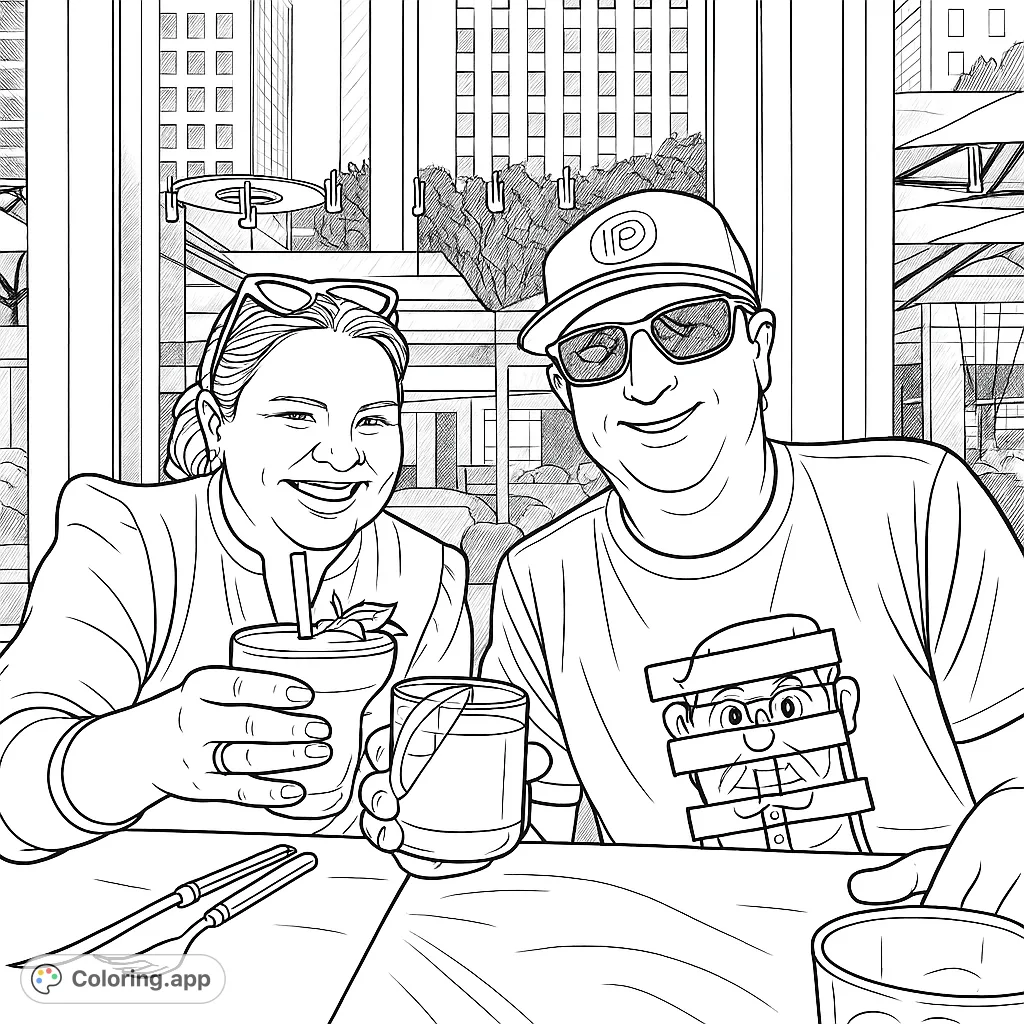 Capture a joyful moment with this adults enjoying drinks coloring page. Features a smiling couple toasting against an urban backdrop, perfect for relaxation.